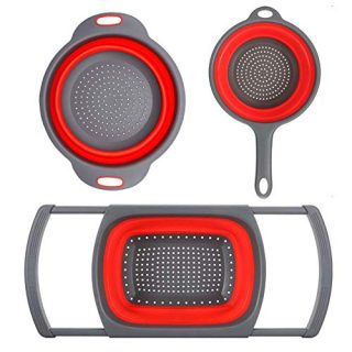 Huanlemai 3-Packs Red Silicone Kitchen Collapsible Colander Set - 6-Quart Over The Sink Collander + 4-Quart Veggies/Fruit Basket Strainers and Colanders + 2-Quart Pasta Strainer With Handle