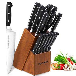 Kitchen Knife Set 15 Pieces with Wooden Block Sharpener 6 Pieces Serrated Steak Knives, homgeek Professional German X50Cr15 Stainless Steel Sharp Pakkawood Handle Chef Knife Block Set Full-Tang Forged