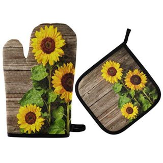 Sunflowers On Board Oven Mitts & Pot Holders 2pcs Old Vintage Flowers Kitchen Heat Resistant Non-Slip Potholders Set for Cooking Baking BBQ