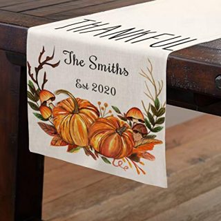 Smile Personalized Thanksgiving Table Runner, Thankful Customized Family Last Name Fall Pumpkin and Antler, 13 x 72 Inch Tablecloth Kitchen Dining Table Linen for Indoor Outdoor Decoration
