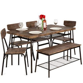 Best Choice Products 6-Piece 55in Wooden Modern Dining Set for Home, Kitchen, Dining Room w/Storage Racks, Rectangular Table, Bench, 4 Chairs, Steel Frame - Brown