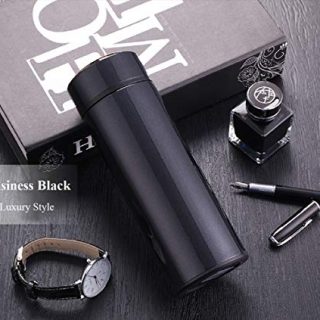 24 Hrs Heat Insulated Double Wall Vacuum flask Thermos Coffee /15 Oz Stainless Steel Water Bottle / Insulated Travel Mug with Tea/Coffee Filter (Black, 15Oz (450ml))