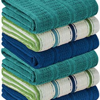 DecorRack 6 Large Kitchen Towels, 100% Cotton, 16 x 27 inches, Thick Absorbent Dish Drying Cloth, Perfect for Kitchen, Hand Towels and Tea Towel, White, Blue and Teal Colors (6 Pack)