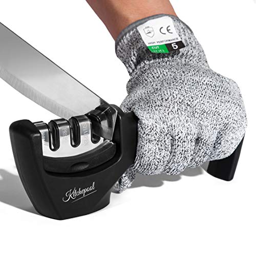 Knife Sharpener 3-Slot Quality Kitchen Knife Accessories to Repair, Grind, Polish Blade,Professional Knife Sharpening Tool for Kitchen Knives,Easy Manual Sharpener with Cut-Resistant Glove