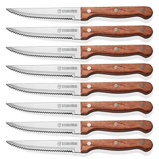 STEINBRÜCKE Steak Knife Set 8 Piece, German Stainless Steel Serrated Steak knives with Full Tang 5Cr15Mov HRC57-58 Hardness Sharp Wooden Steak Knives Set (Not dishwasher safe)
