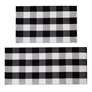 U'Artlines Buffalo Plaid Rug, Cotton Area Rug Checkered Plaid Doormat Kitchen Runner Washable Entryway for Bedroom, Kitchen, Laundry Room (2'x3'+2'x4.2', Black-White Plaid)