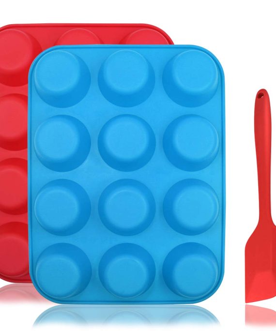 SourceTon 12-Cup Silicone Muffin Mold Bonus with Spatula, 3 pcs Pack of Muffin Mold and Spatula Set, Cupcake Pans, Dishwasher, Oven, Microwave Oven. Blue + Red