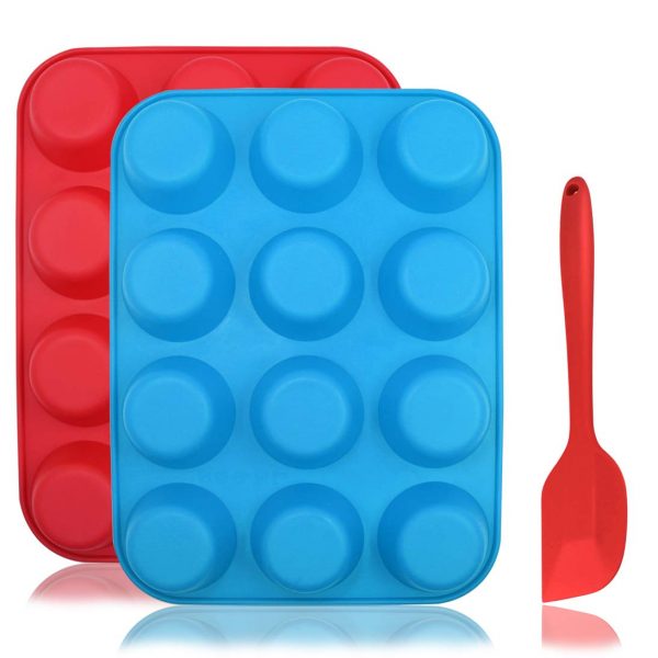 SourceTon 12-Cup Silicone Muffin Mold Bonus with Spatula, 3 pcs Pack of Muffin Mold and Spatula Set, Cupcake Pans, Dishwasher, Oven, Microwave Oven. Blue + Red