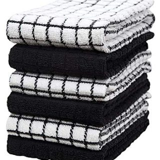 Premium Kitchen Towels (16”x 28”, 6 Pack) – Large Cotton Kitchen Hand Towels – Check Design – 380 GSM Highly Absorbent Tea Towels Set with Hanging Loop – Black