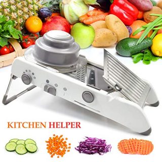 Vegetable Mandoline Slicer Waffle Cutter French Fry Shredder Fruit Chopper Potato Julienne Veggie Onion Peeler Tomato Grater Adjustable Thicknesses Safety Hand Guard Stainless Steel Blade (white)