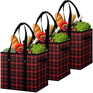 Flipzon Reusable Grocery Bags Heavy Duty Shopping Bags Boxes Totes[3 Pack],Water Resistant Storage Baskets,Collapsible Storage Boxes/Bins/Cubes for Groceries,Clothes,Books(R-B)