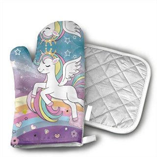 Children's Rainbow Unicorn Oven Mitts and Potholders (2-Piece Sets) - Kitchen Set with Cotton Heat Resistant,Oven Gloves for BBQ Cooking Baking Grilling
