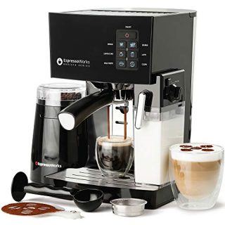 Espresso Machine, Latte & Cappuccino Maker- 10 pc All-In-One Espresso Maker with Milk Steamer (Incl: Coffee Bean Grinder, 2 Cappuccino & 2 Espresso Cups, Spoon/Tamper, Portafilter w/ Single & Double Shot Filter Baskets) (Black)