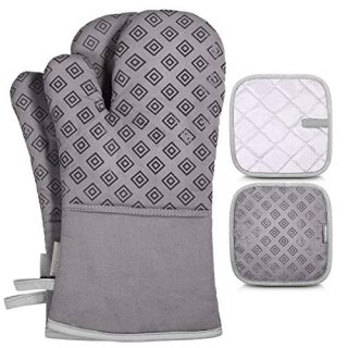 Homemaxs Oven Mitts and Pot Holders 4pcs Set, 500℉ Heat Resistant Non-Slip Food Grade Kitchen Mitten Silicone Cooking Gloves s for Kitchen, Cooking, Baking, BBQ (Gray)