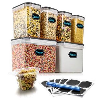 Airtight Food Storage Containers - Wildone Cereal & Dry Food Storage Container Set of 6(Black Lid), Leak-proof & BPA Free, With 1 Measuring Cup & 20 Chalkboard Labels & 1 Chalk Marker