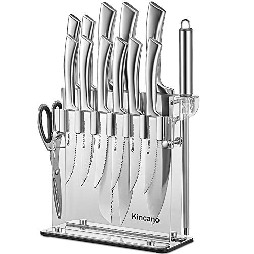 Knife Set High Carbon Stainless Steel Kitchen Knife Block Set 14 Piece, Super Sharp Knife Set with Acrylic Stand, Sharpener and Scissors, by kincano