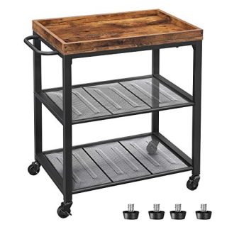 VASAGLE INDESTIC Kitchen Serving Cart, Universal Casters with Brakes, Leveling Feet, Kitchen Shelf with Mesh Shelves, 23.6 x 15.7 x 29.5 Inches, Rustic Brown ULRC75BX