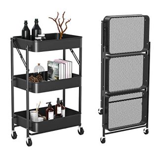 Witacles 3 Tier Rolling Utility Cart - No Need to Install - Folding Mobile Storage Organizer - 100% Carbon Metal Design- Locking Casters/Wheels with 4 Hooks - for Kitchen, Bathroom, Office (Black)