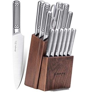 Knife Set, 15-Piece Kitchen Knife Set with Block Wooden and Sharpener Stainless Steel Hollow Handle for High Carbon German Stainless Steel Knife Block Set, Emojoy