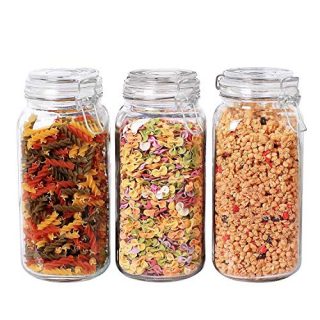 75oz/2200ml Glass Kitchen Storage Canister, Square Mason Jars with Lids, Airtight Glass Canister with Hinged Lid, Perfect for Kitchen Canning Cereal/Pasta/Sugar/Beans -Set of 3