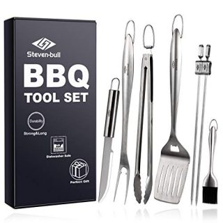 Heavy Duty BBQ Grilling Tool Sets, Extra Thick Stainless Steel Spatula, Tongs, Fork, Basting Brush, Knife and Skewers, Gift Box Package, Best for Barbecue & Grill, 7 Pack Utensils Accessories