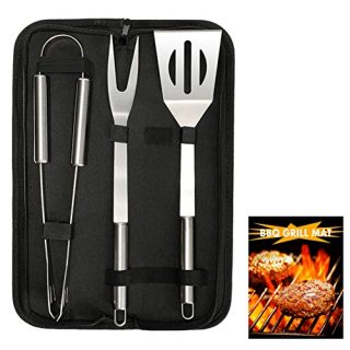 JR JUN RONG BBQ Grilling Tool Set- Stainless Steel Tong Fork Spatula Non-Stick BBQ Grill Mat Set with Carry Bag for Camping Grilling, Kitchen Utensils 4pcs Grill Accessories Pack