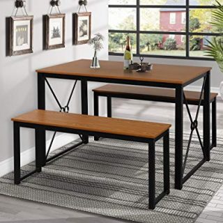 Rhomtree 3-Piece Dining Table with Bench Dining Room Table Set Furniture Set Modern Style Wood Table Top with Metal Frame for Kitchen Small Space (Brown with Black Legs)