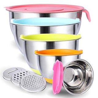 Mixing Bowls with Airtight Lids, 6 Piece Stainless Steel Metal Nesting Bowls,3 Grater Attachments, Measurement Marks & Colorful Non-Slip Bottoms,Size 5, 3.5, 2.5, 2.0,1.5QT, Great for Mixing & Serving