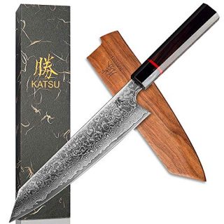 KATSU Kiritsuke Chef Knife - Damascus - Japanese Kitchen Knife - 8-inch - Handcrafted Octagonal Handle - Wood Sheath & Gift Box
