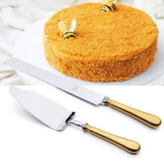 OTW PAVILION 2 Piece Wedding Cake Server Set,Gold 18/10 Stainless Steel Dessert Set Pie Server Cake Cutter Knife for Birthday,Anniversary,Holiday,Baby Shower,Party
