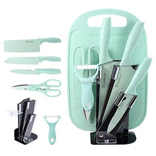 7 Pieces Professional Chef Stainless Steel Knife Dishwasher Safe Set, 3 Knives Kitchen Utensil with Sharp Scissors, Peeler Accessories Stand and Chopping Board (green)
