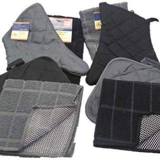 Kitchen Decor - Oven Mitts - Potholders - Towel Linen Set (8 Pc) Clean Classic Black and Gray Color Combination - Kitchen Towel Potholder Scrubber Dishcloth Oven Mitt Set - Kitchen Decorations