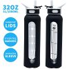 Glass Water Bottle with 32 OZ Straw & Wide Mouth & Black Silicone Sleeve, Large 1L Glass Water Bottle with Time Marker, 100% Leakproof Straw Lid BPA Free Borosilicate Glass Shatterproof Keep Safe