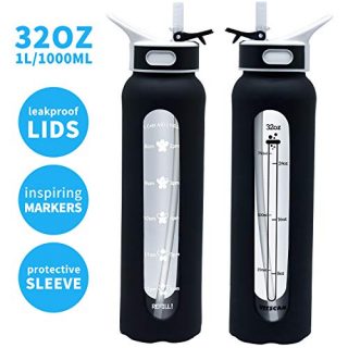 Glass Water Bottle with 32 OZ Straw & Wide Mouth & Black Silicone Sleeve, Large 1L Glass Water Bottle with Time Marker, 100% Leakproof Straw Lid BPA Free Borosilicate Glass Shatterproof Keep Safe