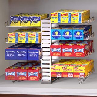 GeekDigg Kitchen Wrap Box Organizer Rack, Adjustable Wrap Stand Caddy Rack for Kitchen, Pantry, Cabinets; Multifunctional Organizer for Food Storage Freezer Bags/Plastic Wrap/Foil