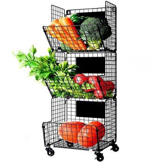 X-cosrack 3 Tier Metal Wire Baskets -Wall Storage Basket Organizer with Wheel, S-Hooks,Adjustable Chalkboards- Hanging Baskets for Kitchen,Fruit, Vegetables, Toiletries, Bathroom Rack(Black)