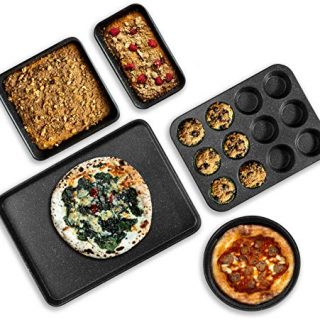 Granite Stone Pro 5 Piece Bakeware Set, 0.8MM Gauge, Durable Nonstick Surface, Oven Safe 550°F with No Warping, Dishwasher Safe, Cookie Sheet, Muffin Pan, Loaf Pan & Round Pan and XL Rectangular Tray
