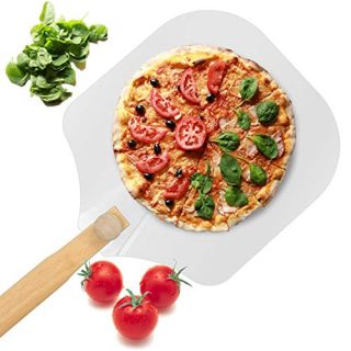 Aluminum Metal Pizza Peel, Pizza Spatula for Pizza Stone with Foldable Wood Handle Easy Storage Pizza Paddle for Baking Homemade Pizza Bread (12 Inch x 14 Inch)