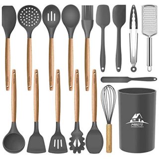 MIBOTE Silicone Cooking Kitchen Utensils Set with Holder, Wooden Handles BPA Free Non Toxic Silicone Turner Tongs Spatula Spoon Kitchen Gadgets Utensil Set for Nonstick Cookware (Grey)