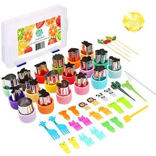 Vegetable Cutter Shapes Set, Including 18 pcs Mini Fruit Cookie Stamps Mold, 20pcs Cartoon Animals Food Picks, 20pcs Bamboo Fruit Sticks,1pc Cleaning Brush with Storage Box - Bento Box Accessories Kit