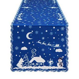 Alishomtll Merry Christmas Table Runner, Xmas Snowflake Table Runners, Santa Claus and Reindeer Blue Table Runner for Xmas Decoration, Dinner Parties, Gift, 14 x 70 inches