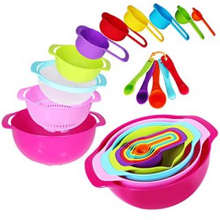 15 Piece Mixing Bowl Set, Colorful Kitchen Bowls Colander Mesh Strainer with Handles Stackable Measuring Cups and Spoons, Plastic Nesting Bowls with Easy Pour Spout for Kitchen Cooking and More