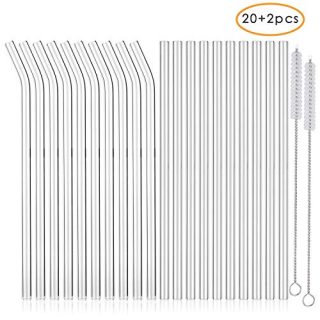 20pcs Reusable Glass Drinking Straws 10 mm Size Smoothie Straws Eco Friendly BPA Free for Milkshakes, Frozen Drinks, Smoothies, Bubble Tea with 2 Cleaning Brush (10mm, 10)
