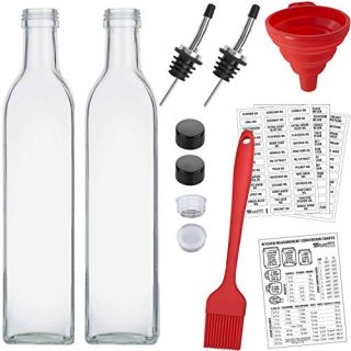2-PACK Olive Oil Dispenser Set, 2 17oz Bottles with Stainless Steel Spouts, Small Funnel, Printed Labels, etc. 2 Premium Glass Vinegar & Olive Oil Bottles with Spout, Oil Container by Talented Kitchen