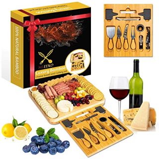 MLEEKO Luxury Bamboo Cheese Board - 21-Piece Charcuterie Utensils Set for Grazing & Wine Tasting - Natural Wood Tray - Forks, Bowls, Labels, Slate Markers, Knives, Bottle Pourer & Opener, Pull Drawer