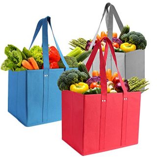 SZUAH 3 Pack Reusable Grocery Bags Shopping Box Set Collapsible Foldable Storage Box Durable Heavy Duty Grocery Totes Bag with Long Handles, Reinforced Bottom（Red/Blue/Grey）
