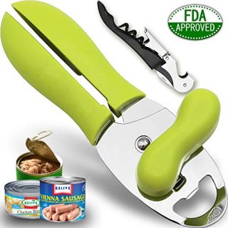 Upgraded Can Opener Handheld with Waiter Corkscrew, Stainless Steel Can Openers Hand Held Manual Smooth Edge Good Grip Handle for Seniors/Arthritis/Chef, Hand Can Opening Camping/Kitchen, Green