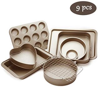 Esonmus 9pcs Nonstick Carbon Steel Bakeware Set Includes Bread Pan, Baking Sheet, Cookie Sheet, Springform Shaped Round Cake Pan, Cake Muffin Mold Cup And Cooling Rack,Highest-Quality DIY Baking Tools