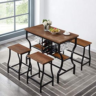 Hombazaar 4-Piece Dining Room Table Set, Counter Height Pub Table Set with Wine Storage and Glass Holder, Industrial Style Kitchen Table with 1 Bench and 2 Stools