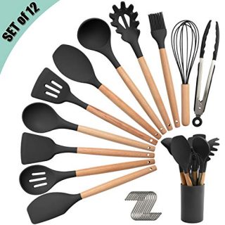 Silicone Kitchen Utensil Set, Cooking Spatulas Soup Ladle Slotted Spoon Turner Pasta Server Basting Brush Tongs Whisk Wooden Handle Heat Resistant Cookware Non-Stick Kitchen Gadgets Tools 12 Pcs